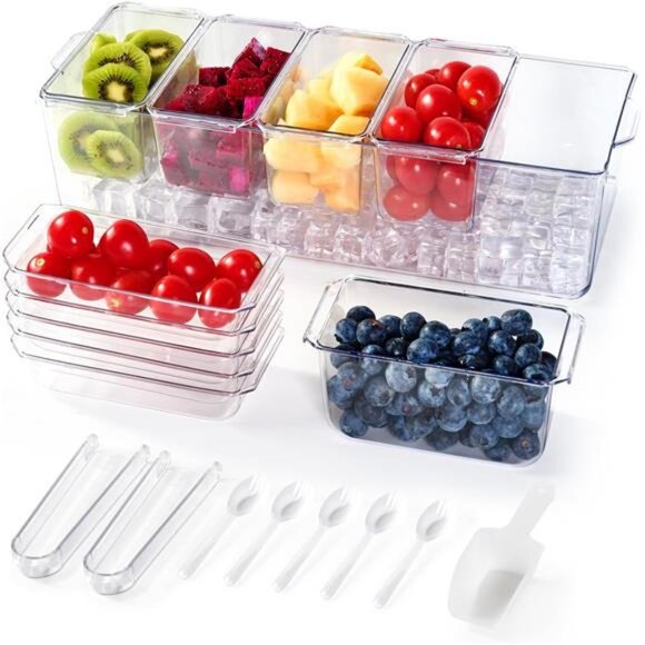 Chilled Condiment Tray Server with Removable Containers Ice Fruit Salad Bar - Picture 1 of 8